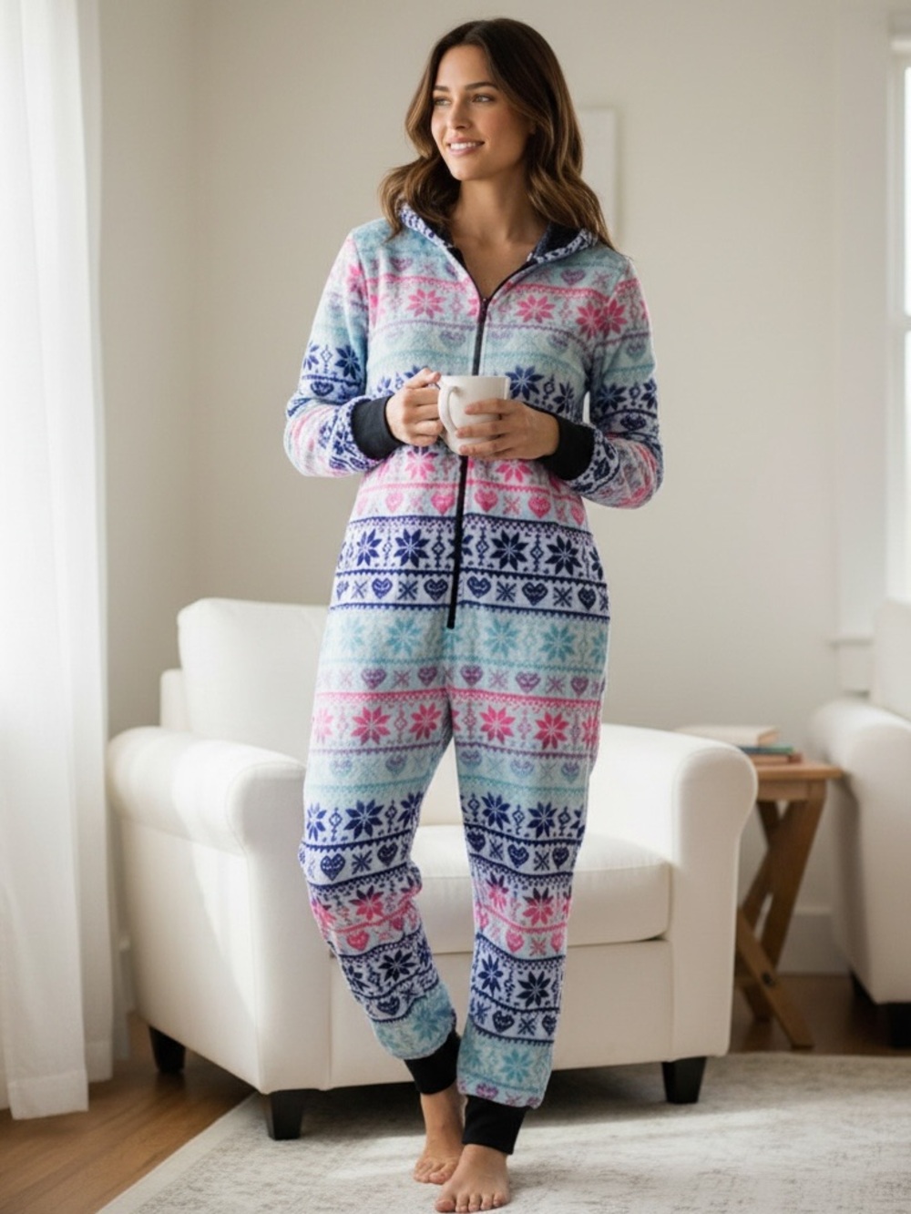 Fleece Hooded Onesie Pajamas - Pink & Blue Snowflake Print